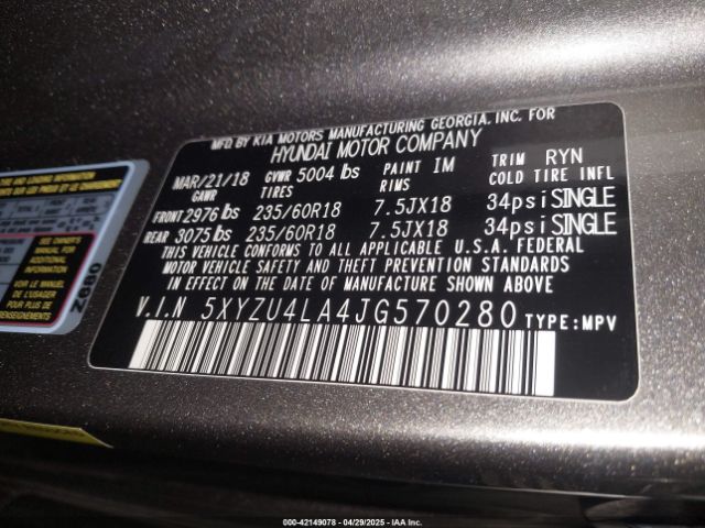 5XYZU4LA4JG570280 Hyundai Santa Fe Sport 2.0t