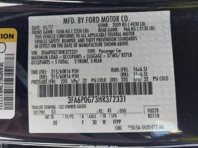 3FA6P0G73HR372331 Ford FUSION S