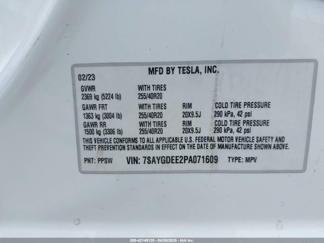 7SAYGDEE2PA071609 Tesla Model Y Awd/long Range Dual Motor All-wheel Drive