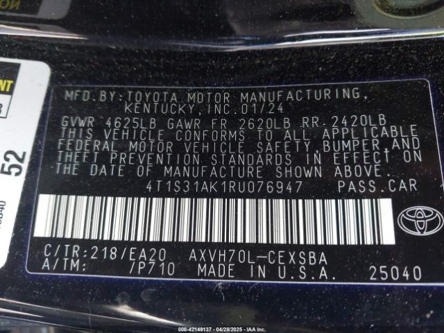 4T1S31AK1RU076947 Toyota Camry Hybrid Se
