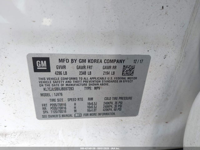 KL7CJLSBXJB597283 Chevrolet Trax Lt