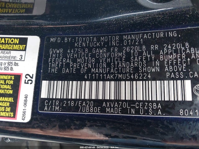 4T1T11AK7MU546224 Toyota CAMRY SE