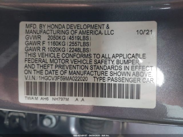 1HGCV3F59MA022020 Honda Accord Hybrid Ex-l