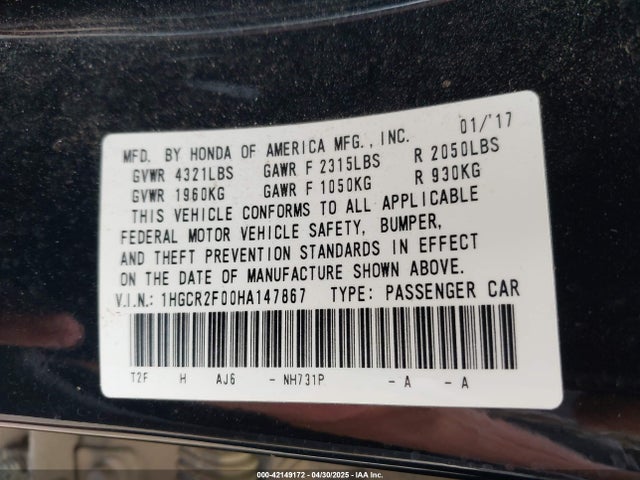 1HGCR2F00HA147867 Honda ACCORD EX