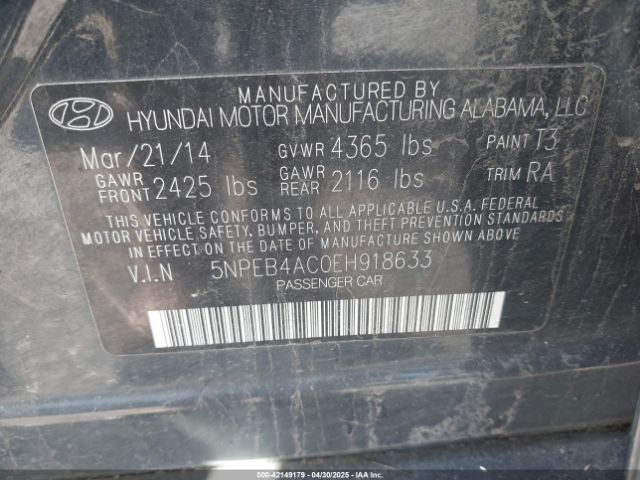 5NPEB4AC0EH918633 Hyundai SONATA GLS