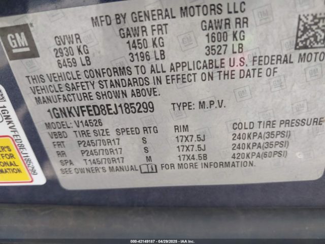 1GNKVFED8EJ185299 Chevrolet Traverse Ls