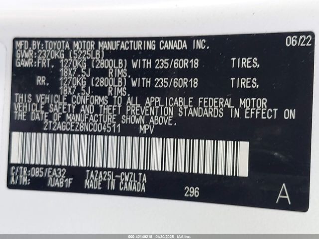 2T2AGCEZ8NC004511 Lexus t24a-fts