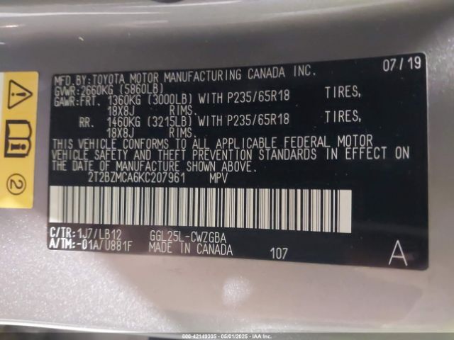 2T2BZMCA6KC207961 Lexus RX 350
