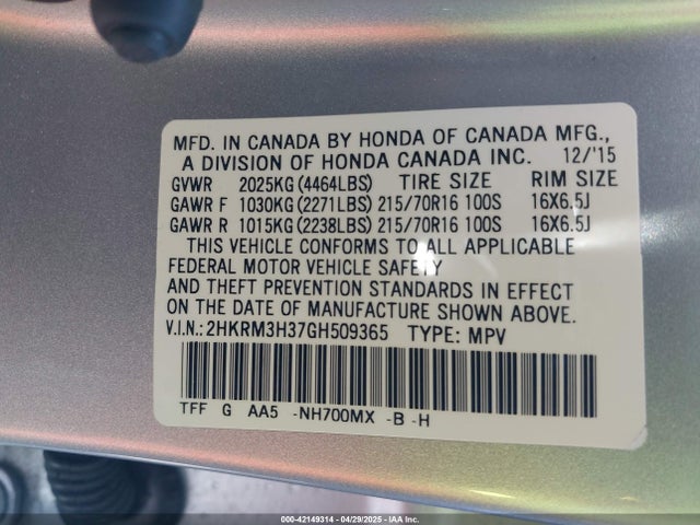 2HKRM3H37GH509365 Honda CR-V LX