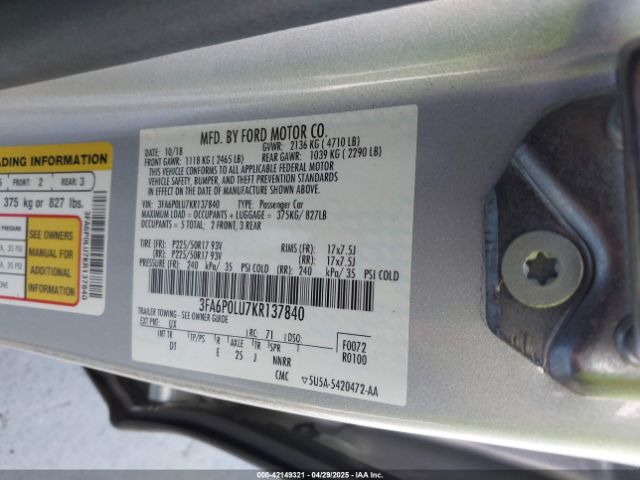 2019 FORD FUSION HYBRID 3FA6P0LU7KR137840 Photo 8