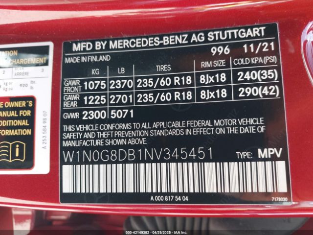 W1N0G8DB1NV345451 Mercedes-Benz Glc 300 Suv