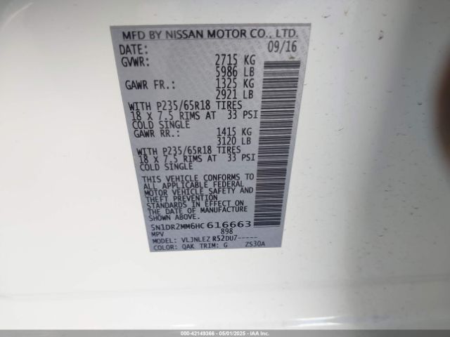 5N1DR2MM6HC616663 Nissan Pathfinder Platinum/s/sl/sv