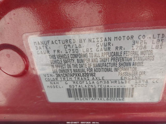 3N1CN7APXKL820162 Nissan Versa 1.6 S+