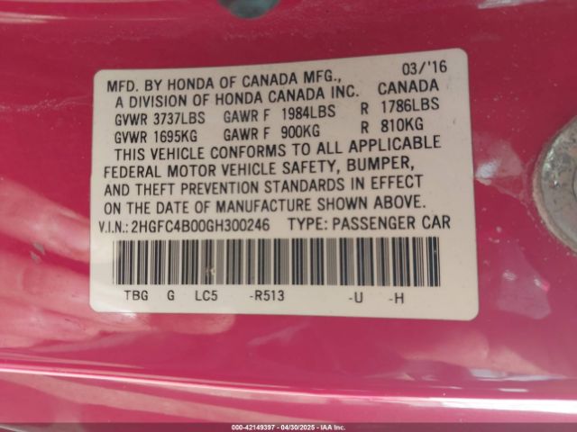 2HGFC4B00GH300246 Honda Civic Lx-p