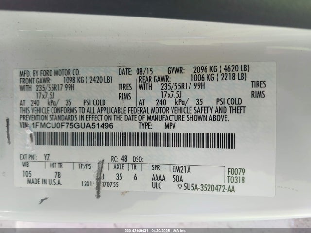 Ford ESCAPE S 2016 1FMCU0F75GUA51496 Image 9