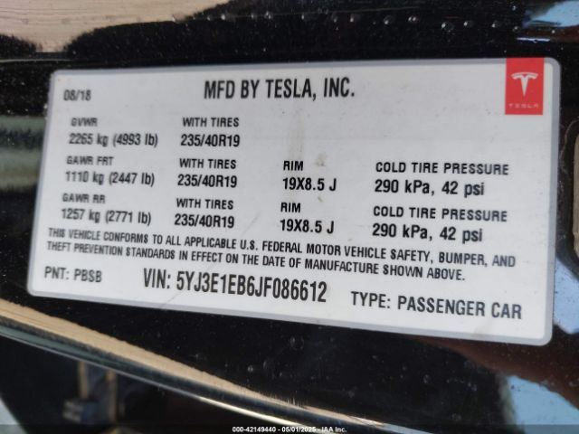 5YJ3E1EB6JF086612 Tesla Model 3 Long Range/performance