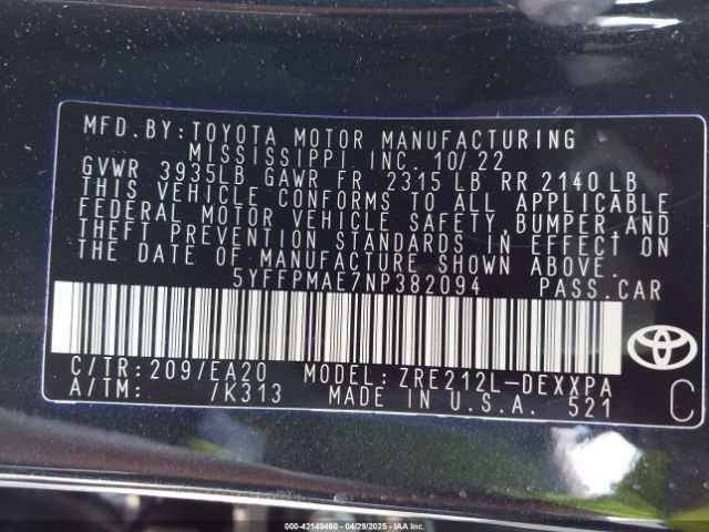 5YFFPMAE7NP382094 Toyota Corolla Xle