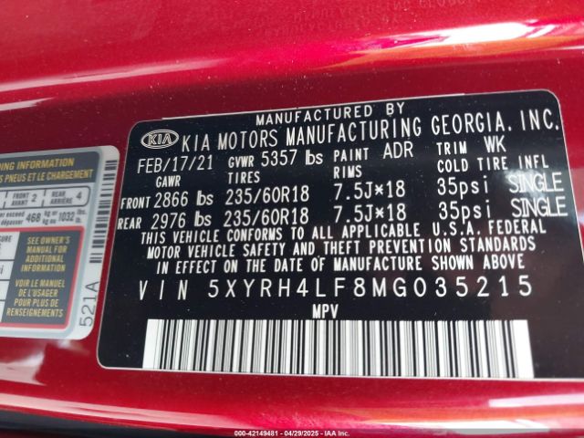 5XYRH4LF8MG035215 KIA SORENTO EX