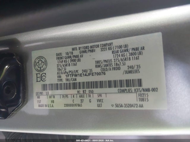 1FTFW1E14JFE70076 Ford F-150 Lariat