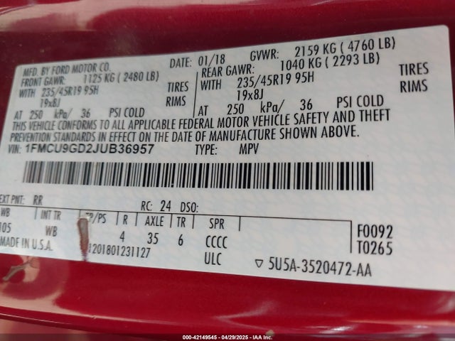 1FMCU9GD2JUB36957 Ford ESCAPE SE