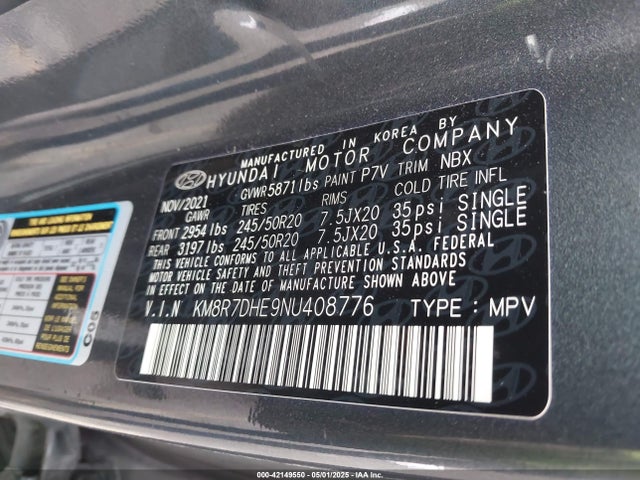 KM8R7DHE9NU408776 Hyundai gdi lambda ii