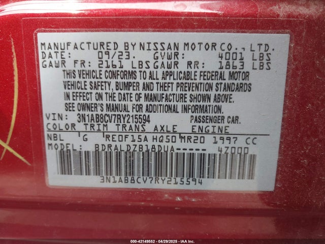 3N1AB8CV7RY215594 Nissan Sentra Sv Xtronic Cvt