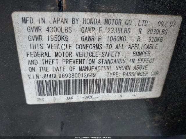 2008 ACURA TSX JH4CL96938C012649 Photo 8