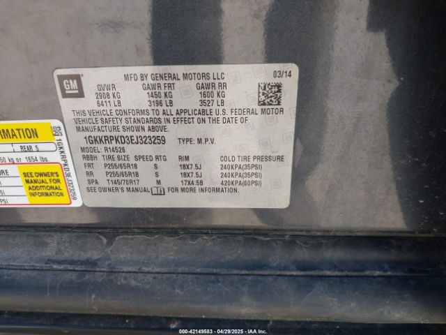 1GKKRPKD3EJ323259 GMC Acadia Sle-2