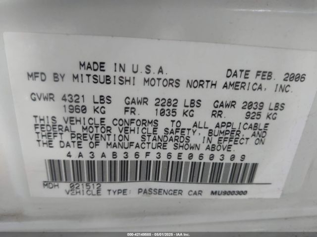 2006 MITSUBISHI GALANT 4A3AB36F36E060309 Photo 8