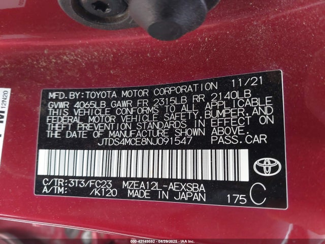 JTDS4MCE8NJ091547 Toyota m20a-fks