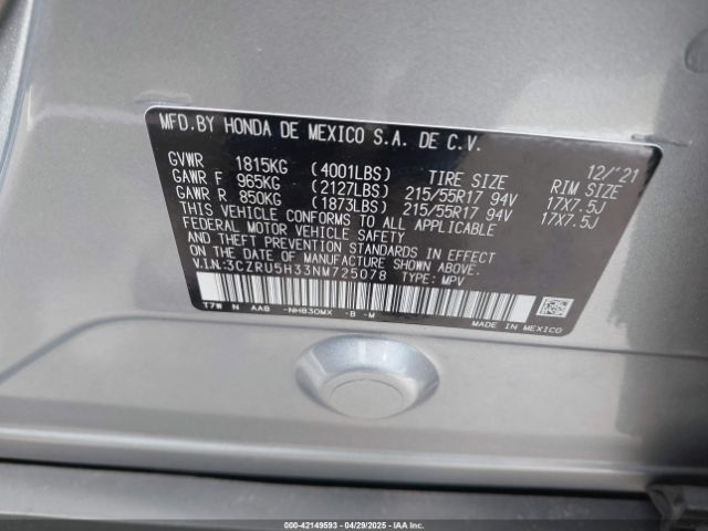 3CZRU5H33NM725078 Honda Hr-v 2wd Lx