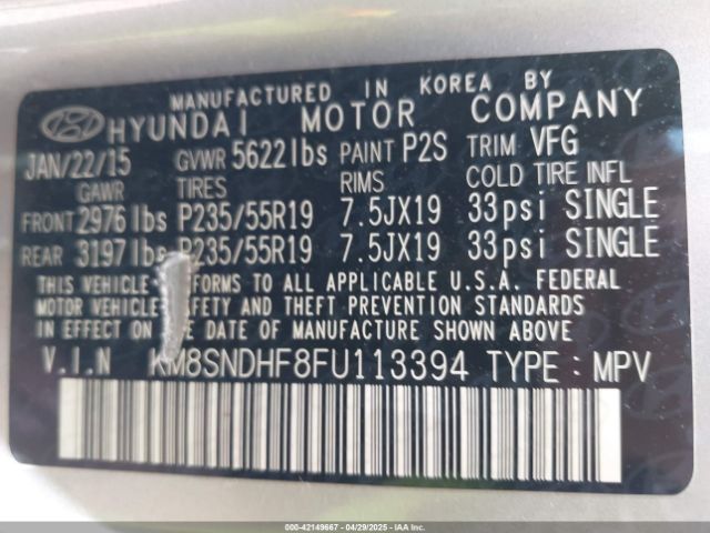 KM8SNDHF8FU113394 Hyundai Santa Fe Gls