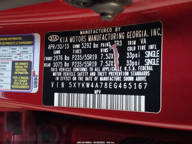 5XYKW4A78EG465167 KIA SORENTO SX