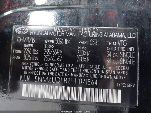 5NMZUDLB2HH021864 Hyundai Santa Fe Sport 2.4l