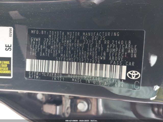 5YFB4MDE7SP277876 Toyota COROLLA LE