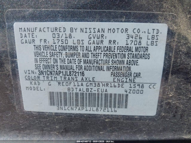 3N1CN7AP1JL872116 Nissan Versa 1.6 Sv