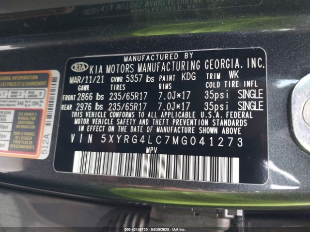 5XYRG4LC7MG041273 KIA SORENTO LX