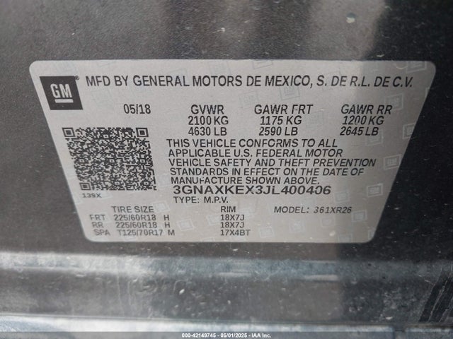 3GNAXKEX3JL400406 Chevrolet EQUINOX LT