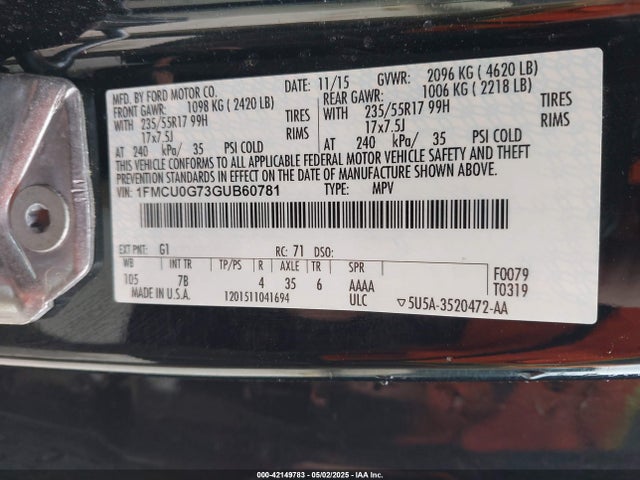1FMCU0G73GUB60781 Ford ESCAPE SE