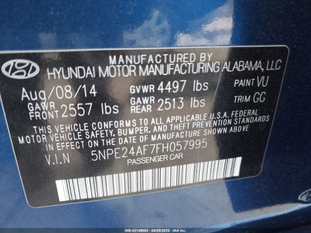 5NPE24AF7FH057995 Hyundai SONATA SE