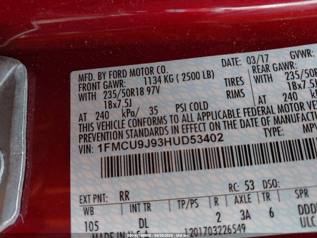 1FMCU9J93HUD53402 Ford Escape Titanium