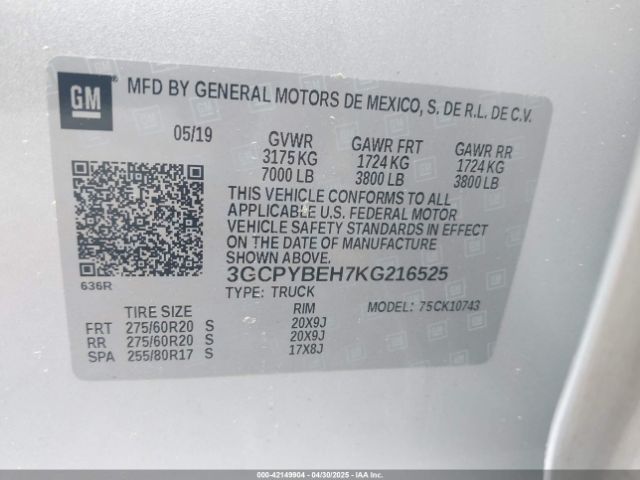 3GCPYBEH7KG216525 Chevrolet Silverado 1500 Custom