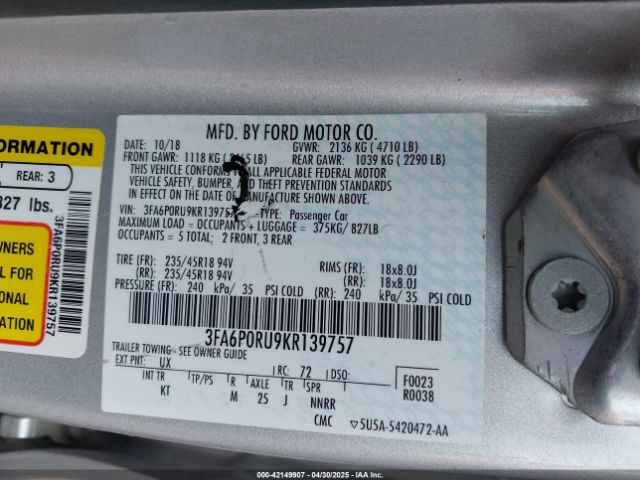 3FA6P0RU9KR139757 Ford Fusion Hybrid Titanium
