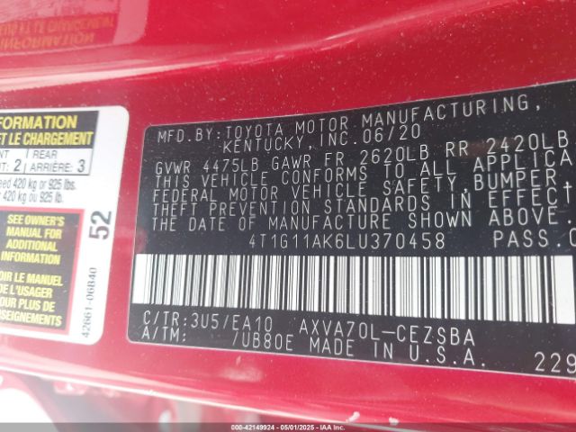 2020 TOYOTA CAMRY 4T1G11AK6LU370458 Photo 8