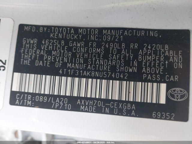 4T1F31AK8NU574042 Toyota Camry Xle Hybrid