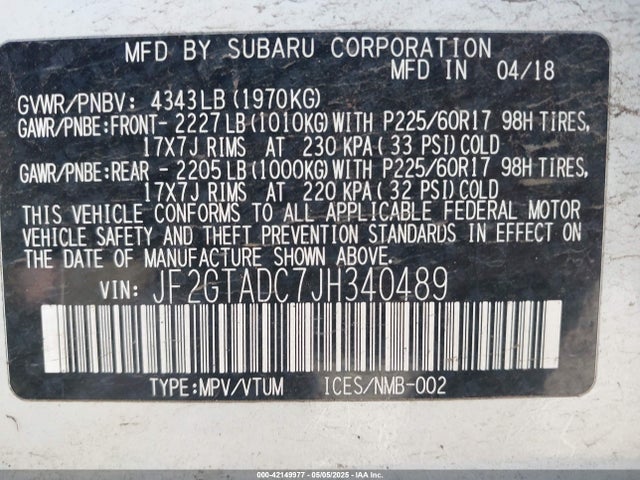 Subaru naturally aspirated 2018 JF2GTADC7JH340489 Image 9