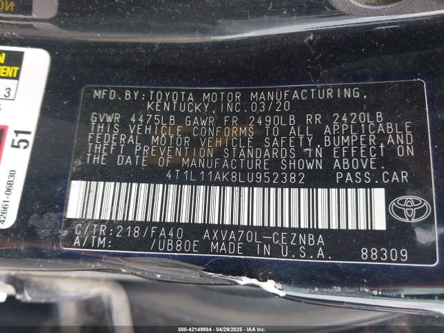 4T1L11AK8LU952382 Toyota CAMRY LE