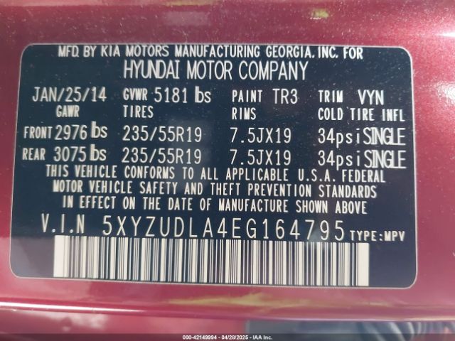 5XYZUDLA4EG164795 Hyundai Santa Fe Sport 2.0l Turbo