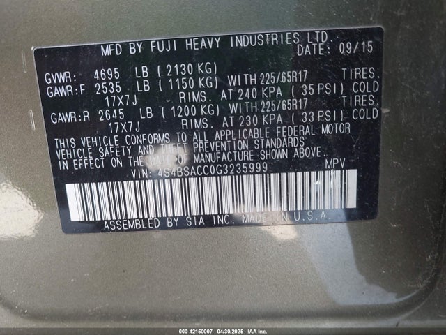 4S4BSACC0G3235999 Subaru Outback 2.5i Premium