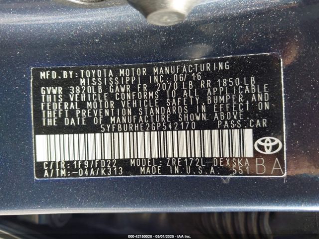 5YFBURHE2GP542170 Toyota Corolla S Plus